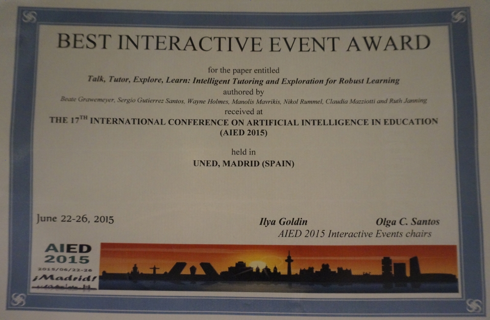 iTalk2Learn has won the best interactive event award at AIED 2015!